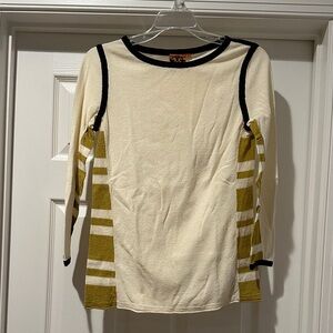 Tory Burch 3/4 Sleeve Striped Cream and Chartreuse and Navy pipe Long Sleeve Top